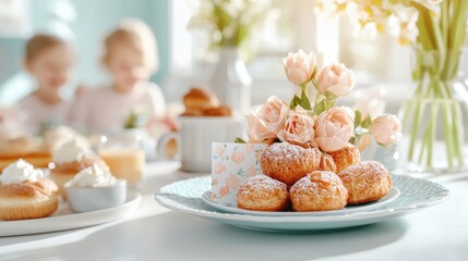 Capture the essence of Mother's Day with this joyful family background image, showcasing a cheerful family brunch scene Children are lovingly presenting flowers and handmade cards to their mom, all