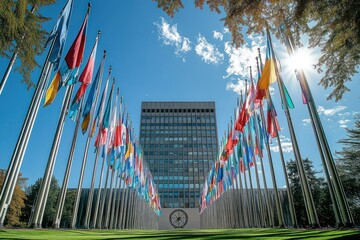 Flags of Member Countries at United Nations Building in Palais des Nations Geneva Switzerland