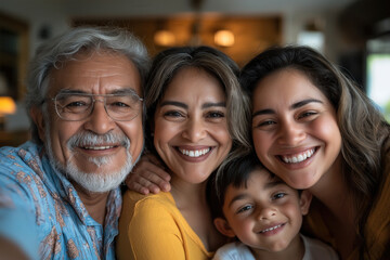 Fototapeta premium Smiling Hispanic family portrait with elderly man and young women
