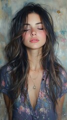 Fototapeta premium Portrait of a Young Woman with Long Black Hair in White Top Smiling in Natural Light