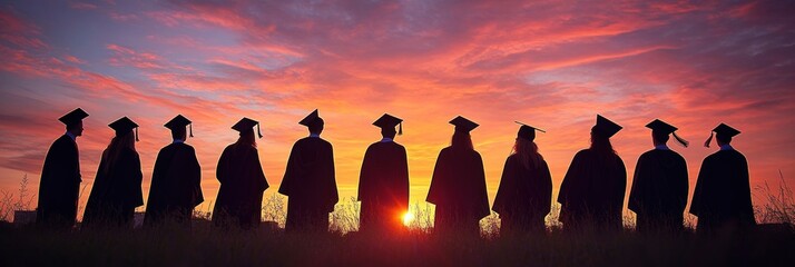 Graduation Ceremony Silhouettes of Students with Caps Against Vibrant Sunset Background for Class of 2025