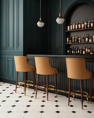 A stylish bar area featuring elegant seating, a dark green wall, and a well-stocked shelf of various bottles, accentuated by chic lighting fixtures.
