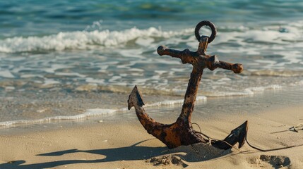 Fototapeta premium Close-up of a rusted anchor with visible cracks and wear resting on a sandy beach, symbolizing damage and neglect. Maritime and nautical themes, aging and decay concepts. 