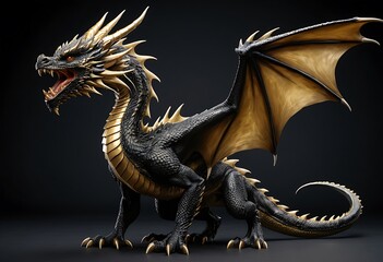 Obraz premium Majestic Black Dragon with Golden Accents. Generative AI
