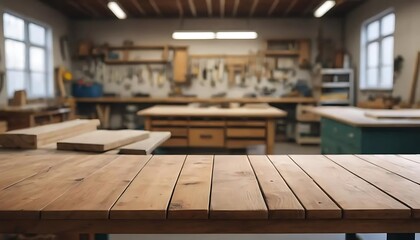 An empty wooden tabletop with a blurred background of tool rooms, An empty wooden tabletop with a blurred background of tool rooms