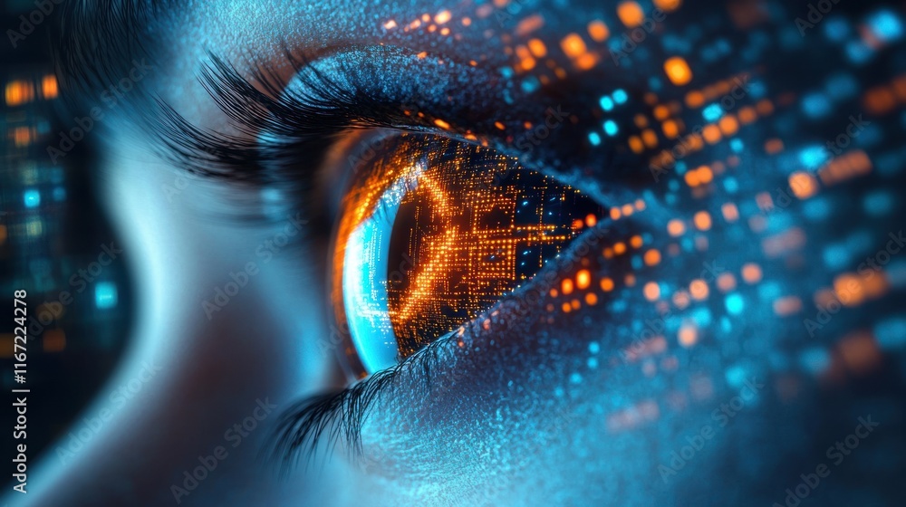 Poster eye of the future digital patterns cyberpunk aesthetics artificial intelligence automation efficienc