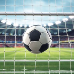 Naklejka premium Dynamic Soccer Ball Scoring Moment in Professional Stadium