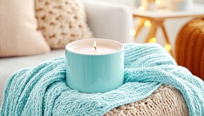 Celebrate Mother's Day with a cozy, inviting home atmosphere and a thoughtful gift a beautifully lit candle on a soft, textured blanket This image captures the essence of motherhood by focusing on