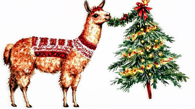 giraffe with a Christmas tree on a white background. Selective focus