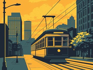 Obraz premium A vibrant illustration of a tram passing through a cityscape at sunset, featuring tall buildings and a warm yellow-orange sky.