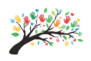 Naklejka premium Tree with child handprints. Colorful kid handprints.