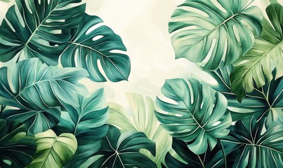 Vibrant Tropical Green Leaves Watercolor Jungle Illustration Background