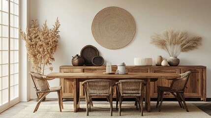 Bohemian Chic Dining Room Decor: Wooden Table, Wicker Chairs, and Pampas Grass