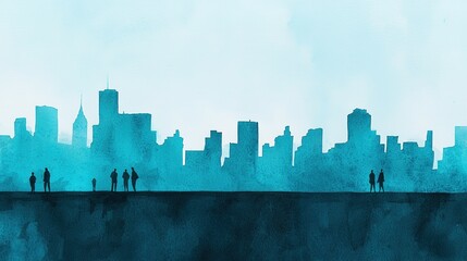 A serene city skyline with silhouettes of people, set against a soft blue background, creating a tranquil urban atmosphere.