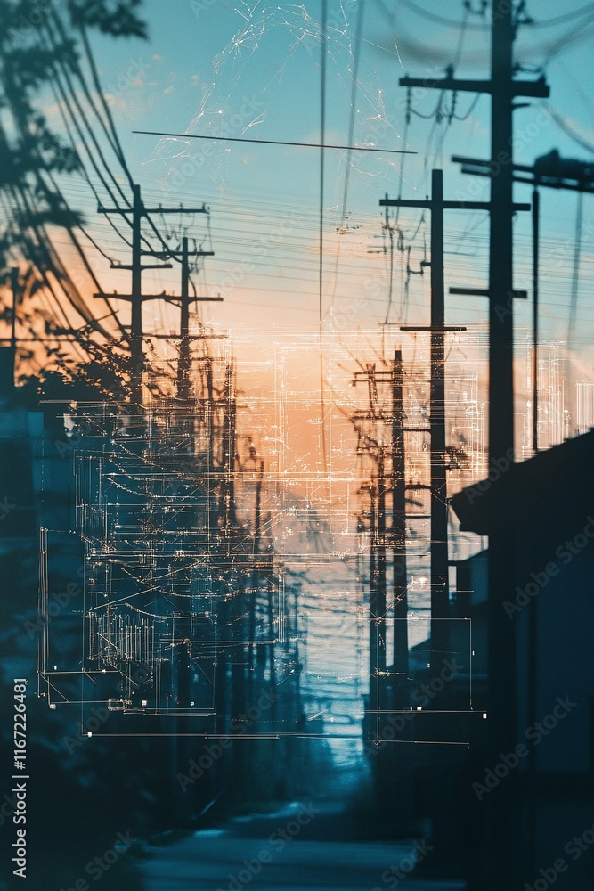 Poster high-voltage power lines running through an industrial complex depicted with schematic diagrams.