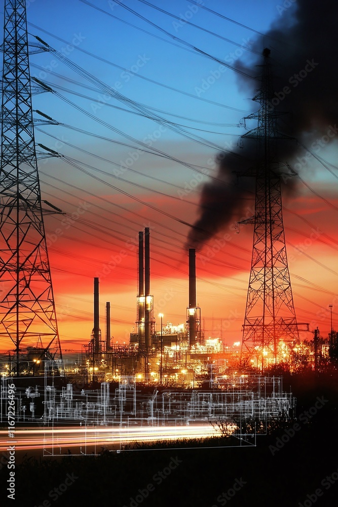 Poster high-voltage power lines running through an industrial complex depicted with schematic diagrams.