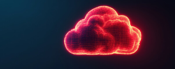 glowing red digital cloud on dark background symbolizes advanced AI driven cloud optimization algorithms. vibrant neon effect highlights technological innovation and data processing