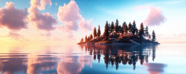 Obraz premium Enchanting Island Sunset with Reflective Water, a serene landscape perfect for meditation, showing a celestial-inspired Mother's Day illustration, where constellations form family portraits shining