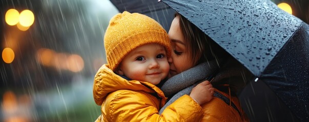 Experience a tender moment with this image portraying a protective and comforting scene, a mother shielding her child from the rain under a large umbrella A mothers love is captured as she protects