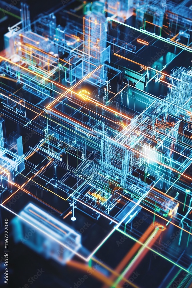 Poster illustration of a smart high-voltage grid controlling energy flow with schematic labels.