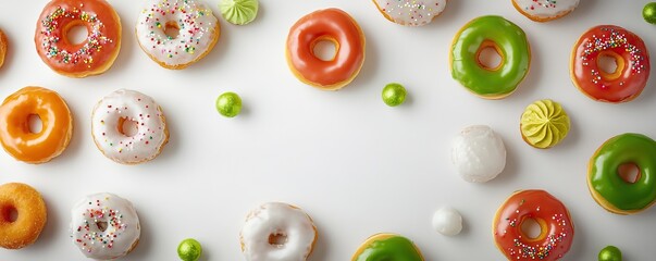 A vibrant assortment of colorful donuts arranged on a white surface, showcasing various glazes and toppings in a playful display.