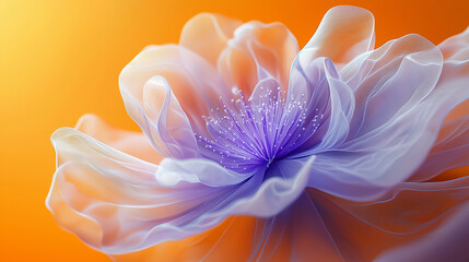 Fototapeta premium Close-up view of a delicate purple flower with translucent petals against a warm orange background. The image showcases the flower's soft texture and elegant form.