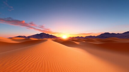 Naklejka premium Serene desert landscape at sunset with gentle sand dunes.