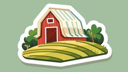 Modern White Farming Icon Sticker with Barn for Livestock, Conceptual Farm Animals Symbol