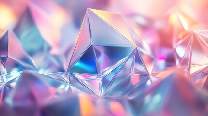 Modern geometric packaging design includes staggered triangular and hexagonal shapes, gradient layers of blue, silver, and green, shimmering glowing edges, ultra-high details, and 8K resolution.