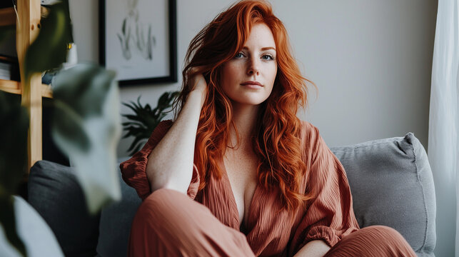 Stunning Redhead Woman in a Stylish Pose. Captivating Portrait of a Beautiful Female Model with Long Red Hair and Freckles.