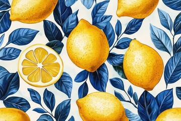 vibrant lemon pattern with blue leaves watercolor design