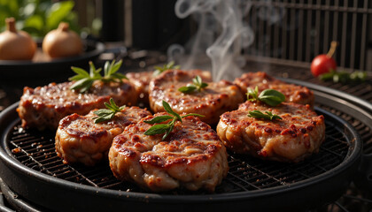 Sizzling grilled chicken with herbs and smoke, outdoor dining experience