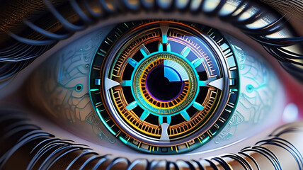 A hyper-realistic close-up view of a cybernetic mechanical eye