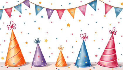 Colorful party hats with festive decorations in bright colors and holiday flags on a white background