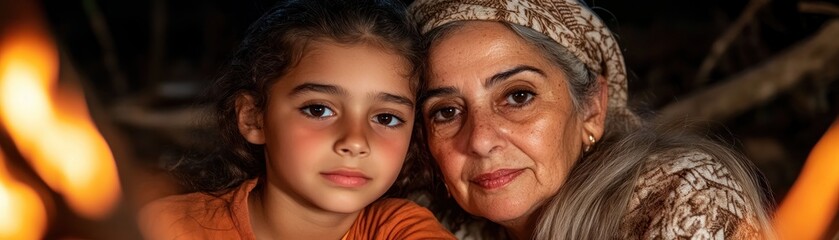 Mother's Childhood Memories A heartwarming scene of a mother sharing tales from her past with her child They sit closely, bathed in the warm glow of firelight, reminiscing together in her hometown