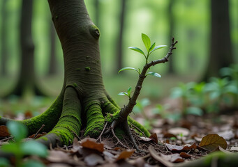 twisted small tree branches grow near ground slowly firmly damp forest