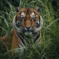 Obraz premium A tiger camouflaged in tall grass, with a dense jungle background.