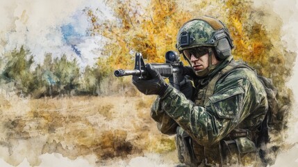 Fototapeta premium Army sniper during the military operation in the mountain. war 