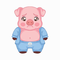 Fototapeta premium illustration art cute fat chubby pig sulky wearing blue pajamas sticker and t-shirt design