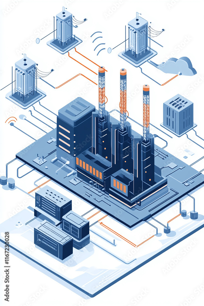 Poster isometric view of a high-voltage power station connected to a smart grid showing engineering details