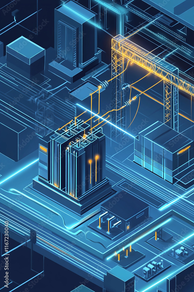 Poster isometric view of a high-voltage power station connected to a smart grid showing engineering details