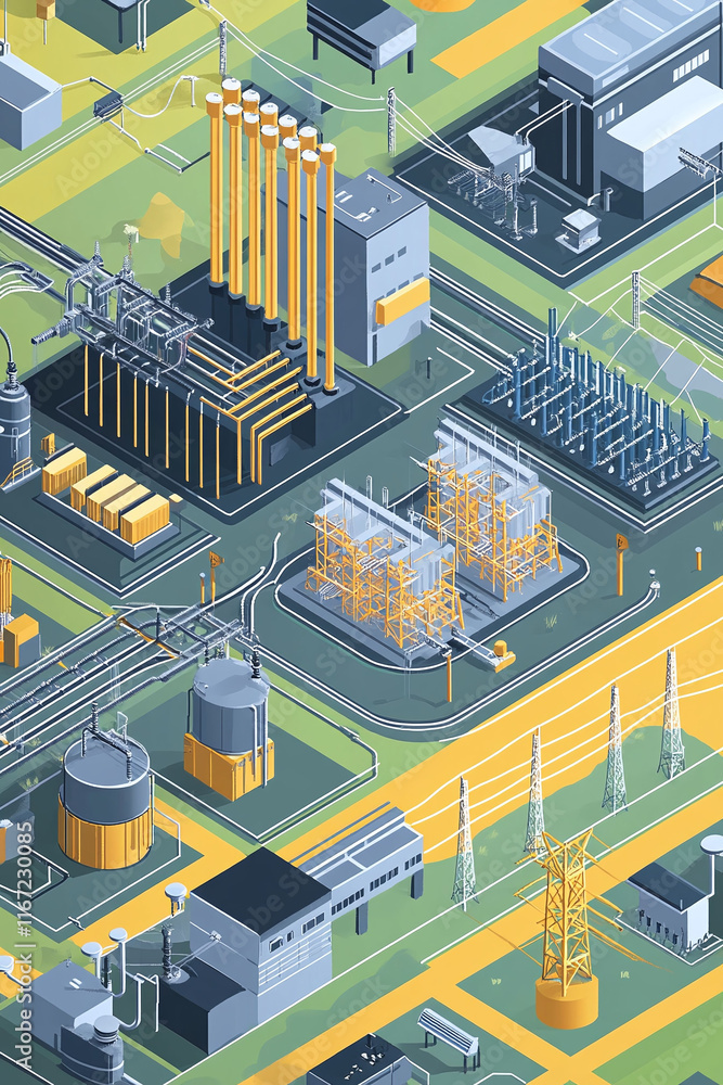 Poster isometric view of a high-voltage power station connected to a smart grid showing engineering details