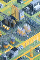 Isometric view of a high-voltage power station connected to a smart grid showing engineering details.
