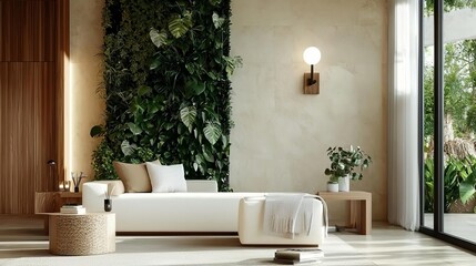 Biophilic design urban minimalism concept. Modern living room with green wall and minimalist decor.