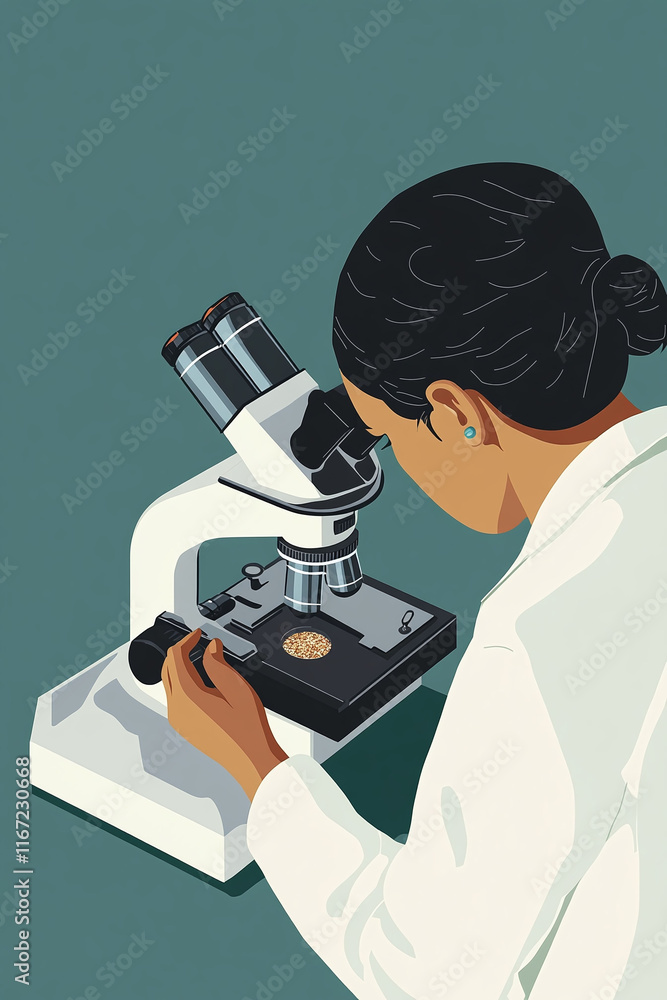 Poster isometric view of a scientist observing a specimen under a microscope.