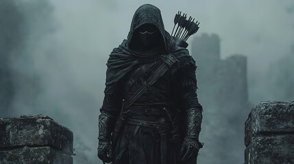 Mysterious hooded figure with arrows in a misty fortress