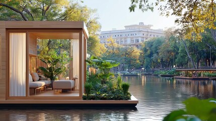 Biophilic design urban minimalism concept. Modern floating house surrounded by lush greenery and serene water.