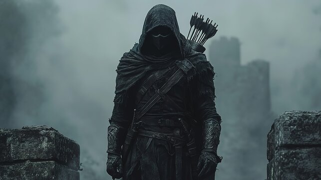 Mysterious hooded figure with arrows in a misty fortress