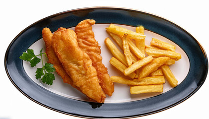 Plate of Fish and Chips isolated on a white background, top view