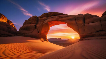 A majestic desert rock arch frames a vibrant sunrise